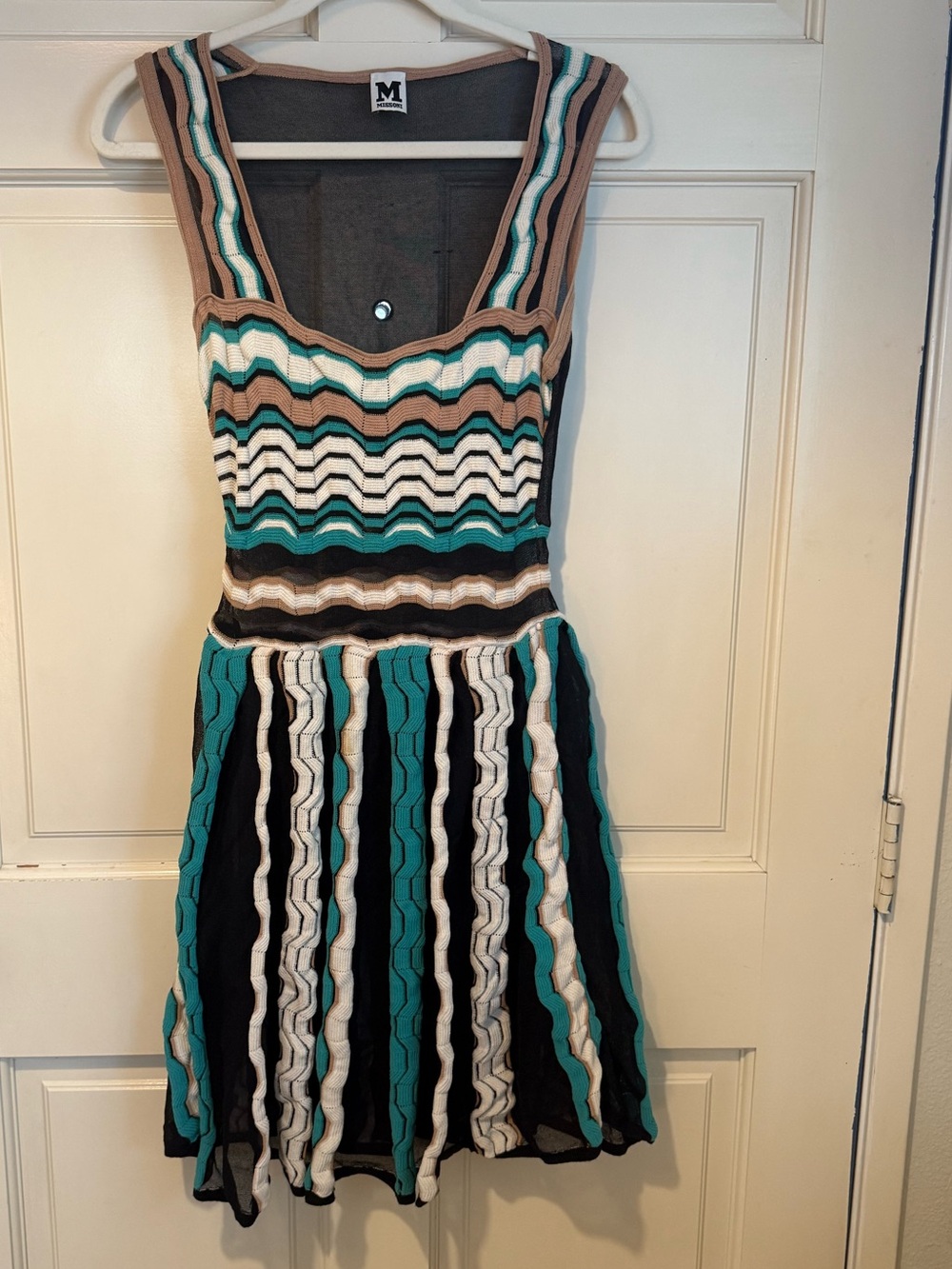 Missoni Teal, Black, White & Brown Wave-Pattern Knit Mini Dress size 42 US 8